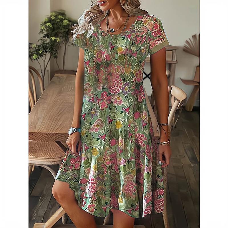 2023 Summer Women's Casual Crewneck Loose Printed Short-sleeved Dress