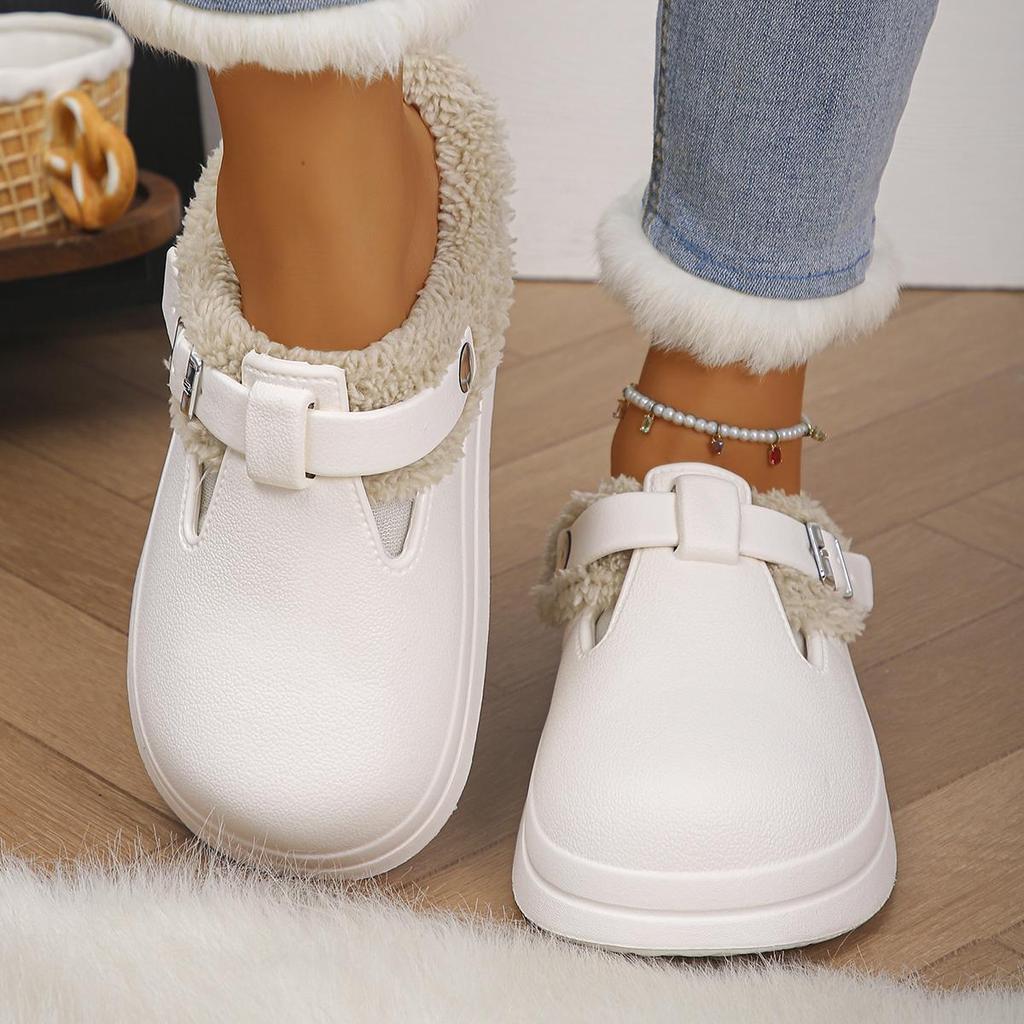 Waterproof Eva Furry Mules Slippers Women Winter Metal Buckle Warm Plush Slippers Soft Thick Bottom Non Slip Indoor Shoes(Order A Size Up)