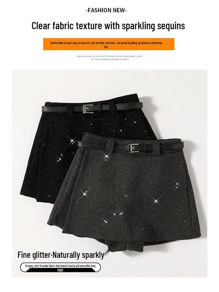 Women's High-Waist Sequin Wool-Blend A-Line Skort: Autumn/Winter 2025 Slimming Side-Slit Hip-Hugging Fashion