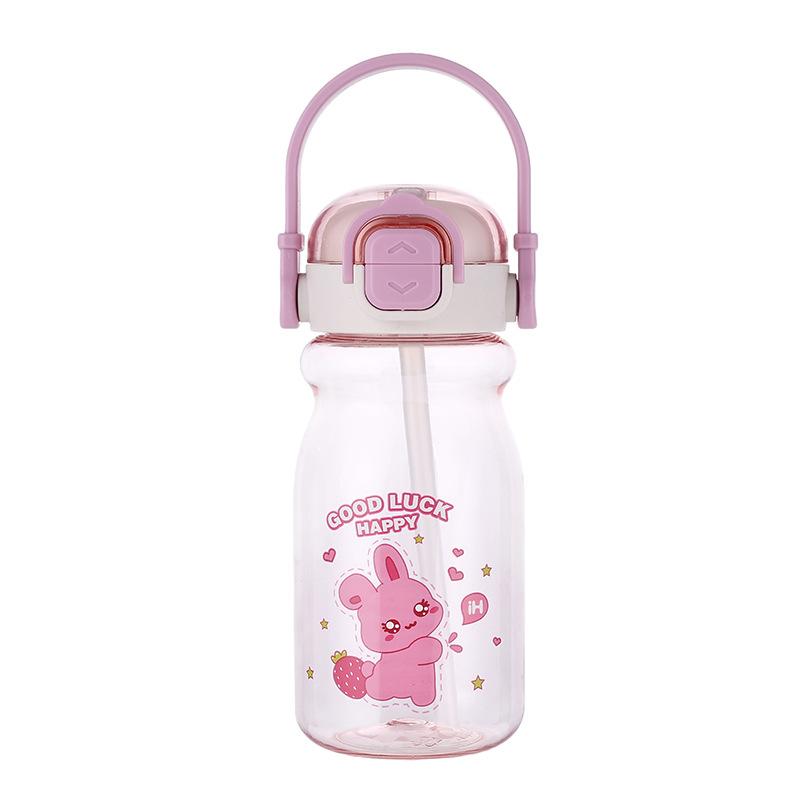 Water bottle cartoon children's plastic water cup cute straw cup student kettle portable outer belt drop resistant drinking water double drinking