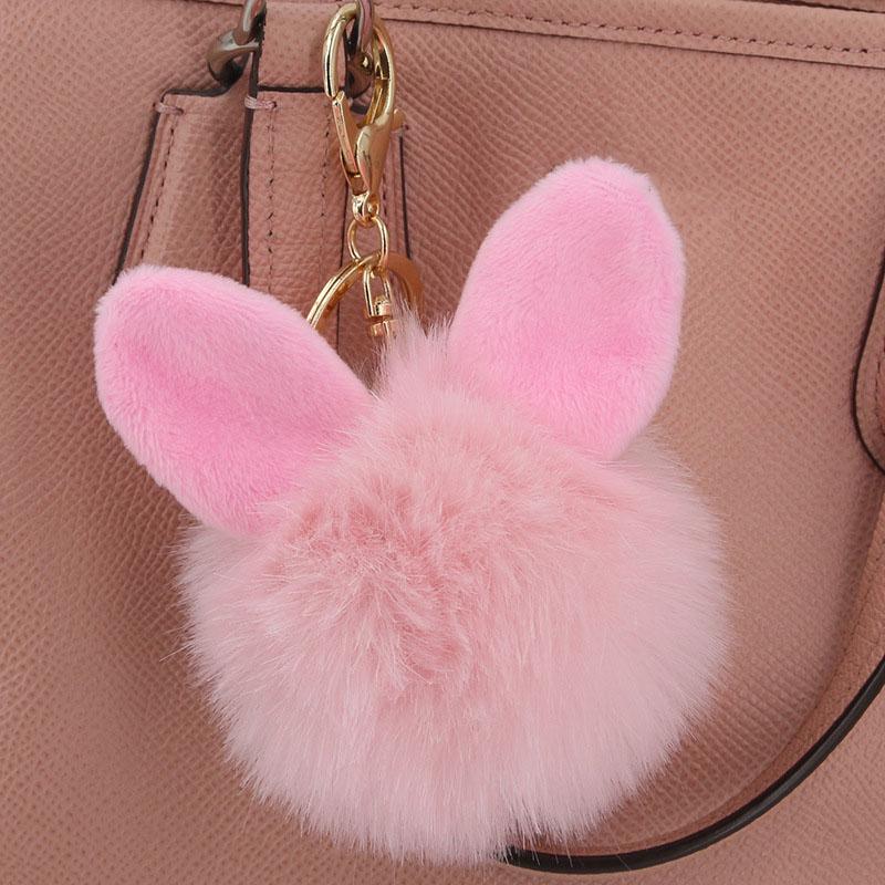 2 Portachiavi Soffice Con Palla Di Pelliccia Sintetica Di Coniglio, Pompon Bianco E Rosa Coreano, Diametro 8 Cm, Accessorio Borsa Carino