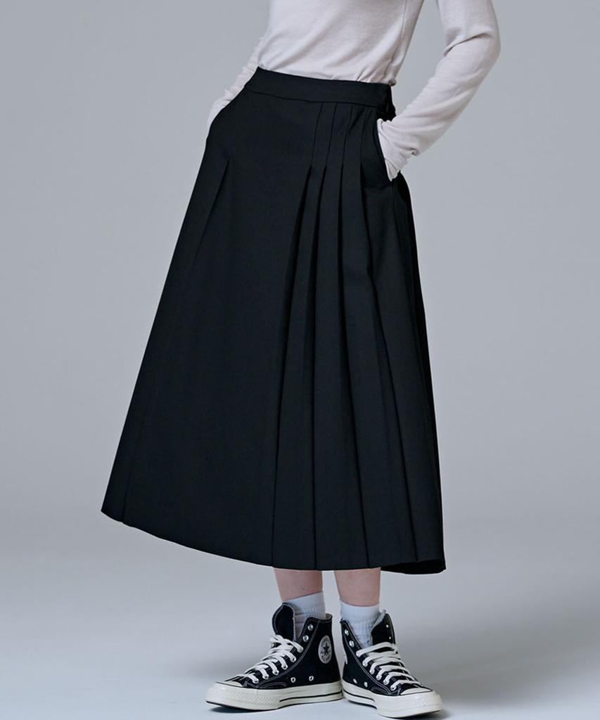 Marop 3108 Wool Pleated Long Skirt (Black)