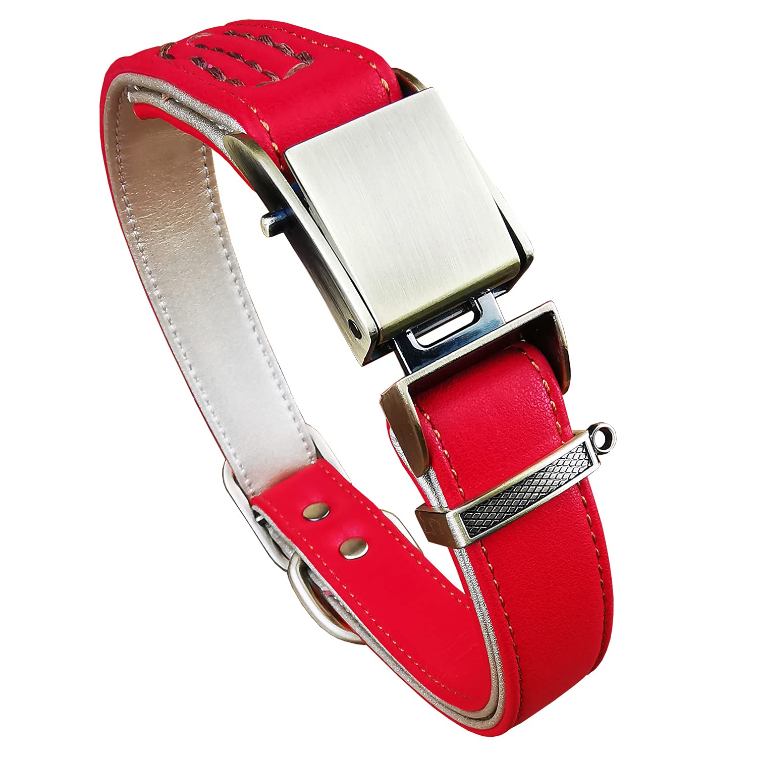 

Beanspet Dog Easy to Dog Dog Leather Double Lock Collar, One-Touch Leather, Convenient, Use, Stylish, Cute, Collar, Supplies, Collar, (XL, Red)