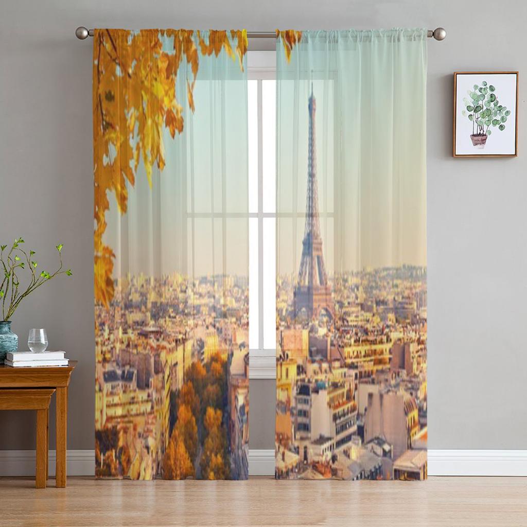Blick auf den Eiffelturm bei Sonnenuntergang, Paris, Frankreich, transparente Vorhänge für Wohnzimmer, Tüll-Fenstervorhang, Schlafzimmer, Küche, Schleiervorhänge