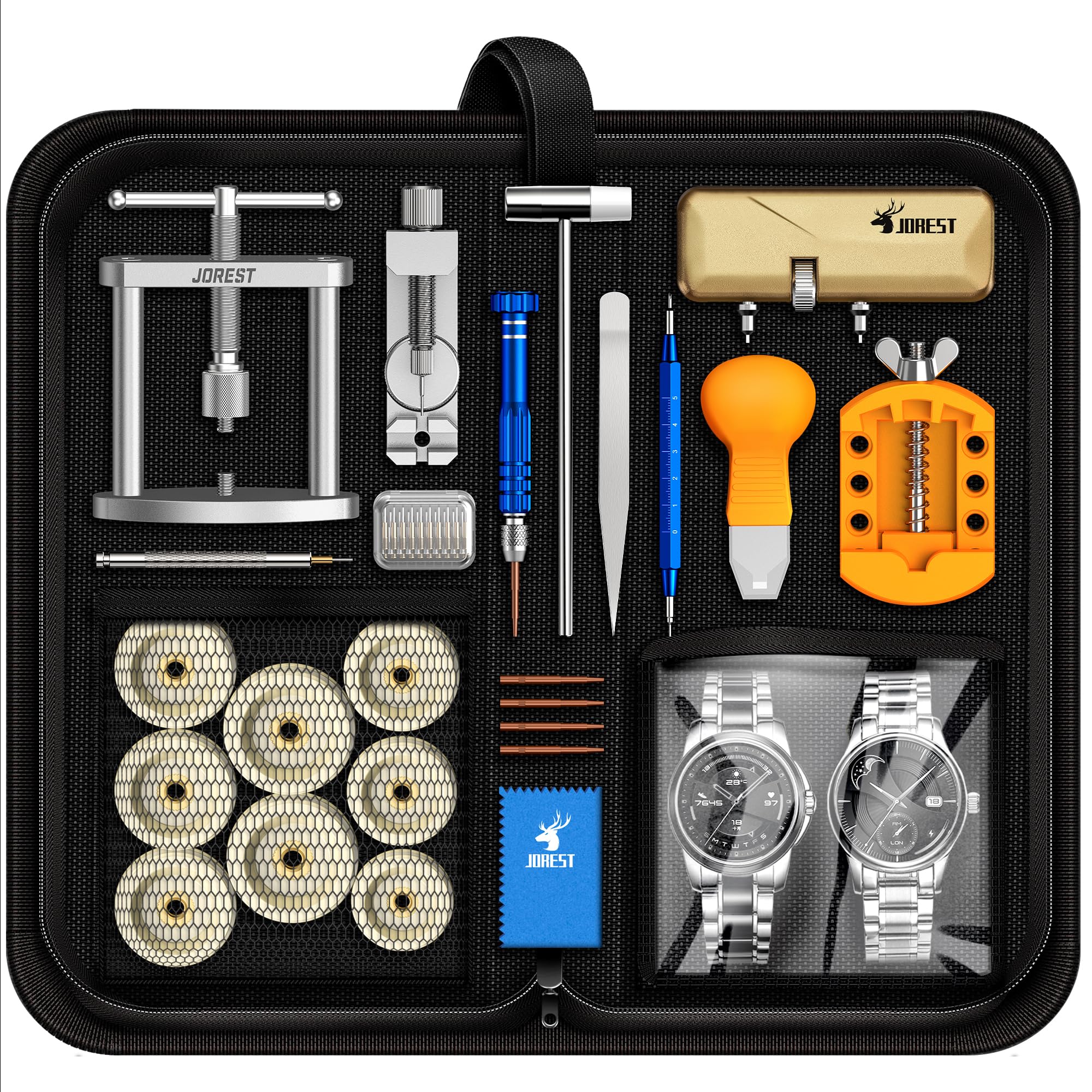 

JOREST Watch Repair Tool Kit + Case Back Opener, Battery Replacement Tool, Case Opener, Watch Strap Adjustment Tool, Watch Band Replacement Tool, Watc