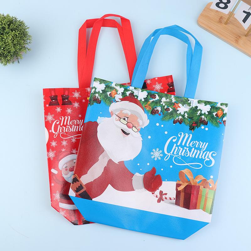 10Pcs Tote Bags Santa Elk Snowflake Tote Bags Thickened Non-Woven Printed Waterproof Bags Christmas Gift Decoration Bags