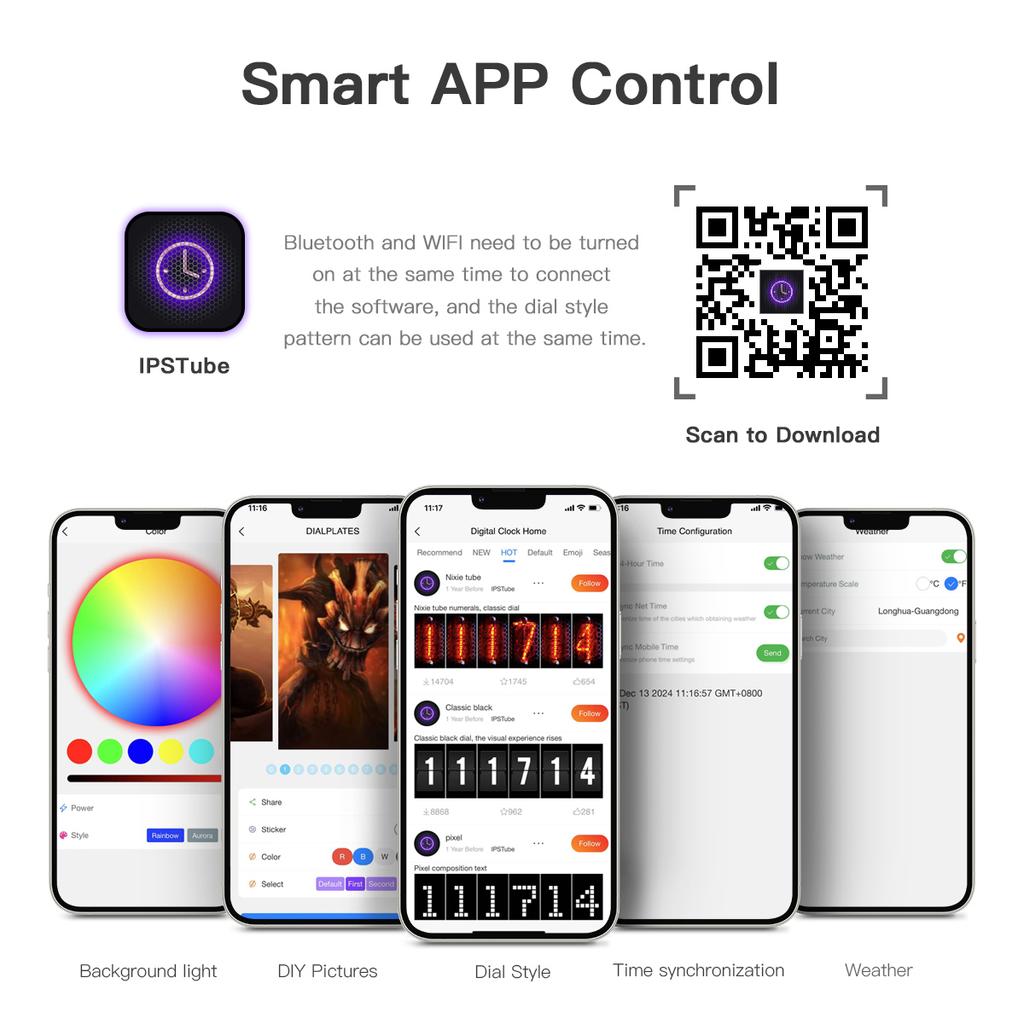 RGB Nixie Digital Tube Clock Bluetooth WiFi USB LED Glows Night Lights IPS Color Display Screen Game Desktop Bedroom Decor Gift