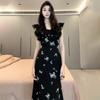 High-end French Small Flying Sleeves Floral Dress Women's New Summer Temperament Wear Black Long Dress