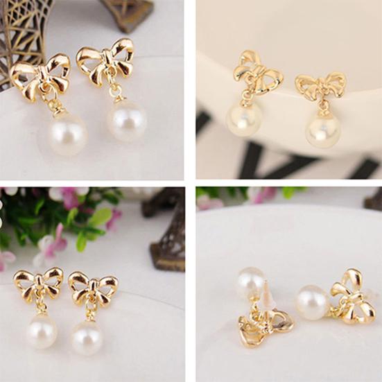 Earrings Bowknot Faux Pearl Design Beautiful Alloy Jewelry Gift Ear Stud for Party