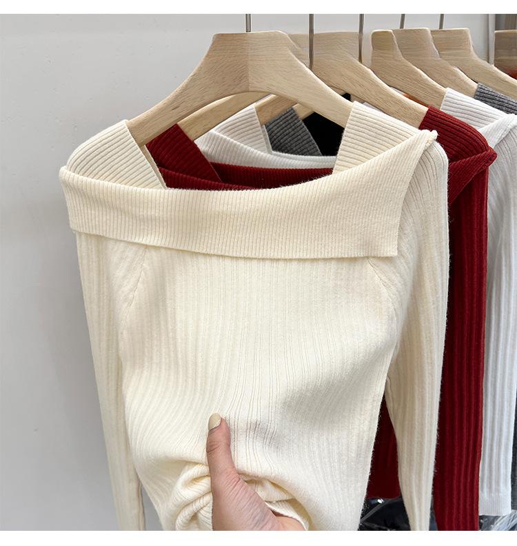 Lapel One-word Shoulder Knitted Bottoming Shirt Women's Inner Sweater Autumn and Winter New Design Short Top Women's