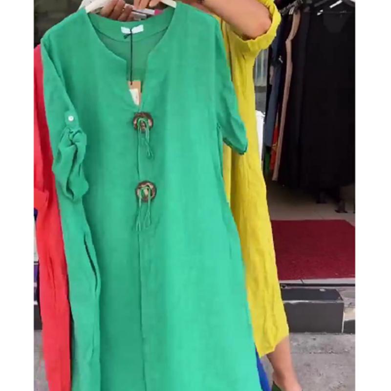 Women's Summer Cotton Linen Maxi Dress V Neck Long Sleeve Loose Fit Solid Color Casual Daily Vacation Dress