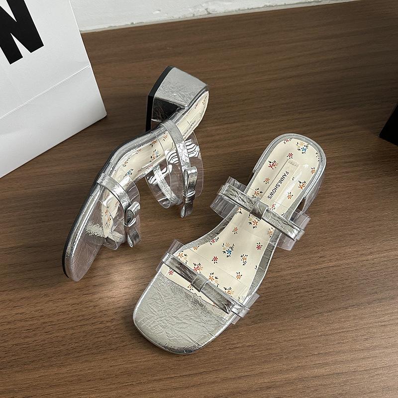 

2025 spring and summer popular rhinestone transparent slippers women s square head thick heel one pedal half slippers thin empty cool slippers 40 серебряный