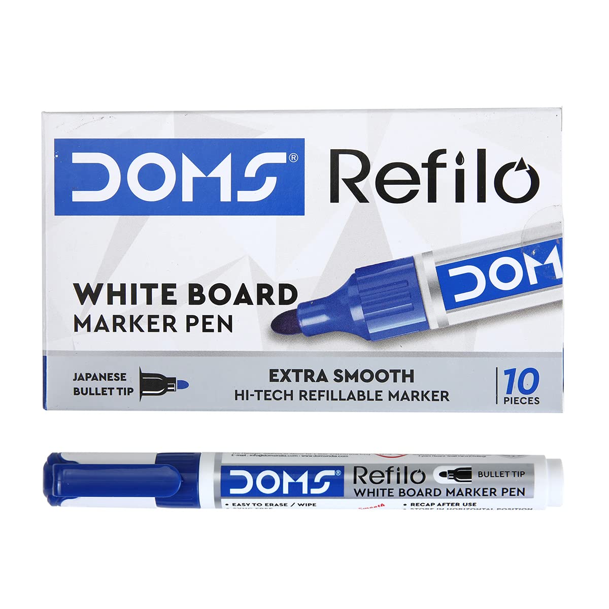 

DOMS Refilo Non Toxic Hi Tech Refillable Whiteboard Marker Pen Blue Ink Pack of 1 X 10PCS DM7434P10 Office School Use