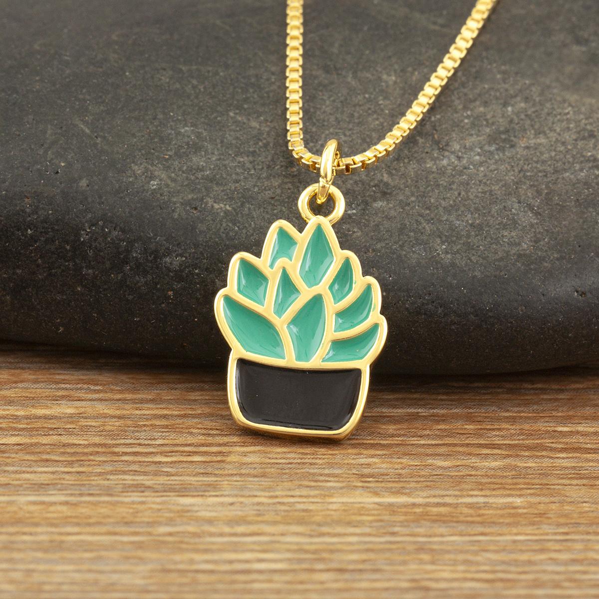 

Nidin New Trendy Succulent Plant Potted Pendant Necklace For Women Female 3 Colors Choice Enamel Drip Oil Daily Party Jewelry зелёный