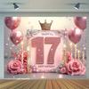 17th birthday party banner - The "Happy 17" design with pink and gold flashes, featuring balloons, roses and candles