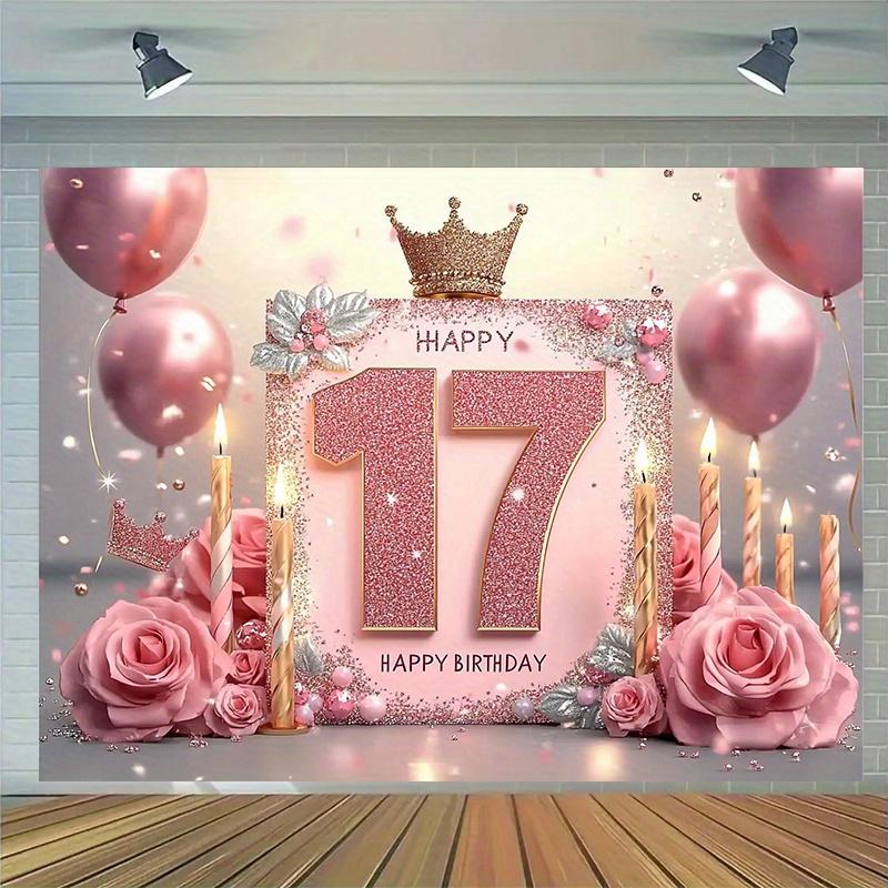 17th birthday party banner - The "Happy 17" design with pink and gold flashes, featuring balloons, roses and candles