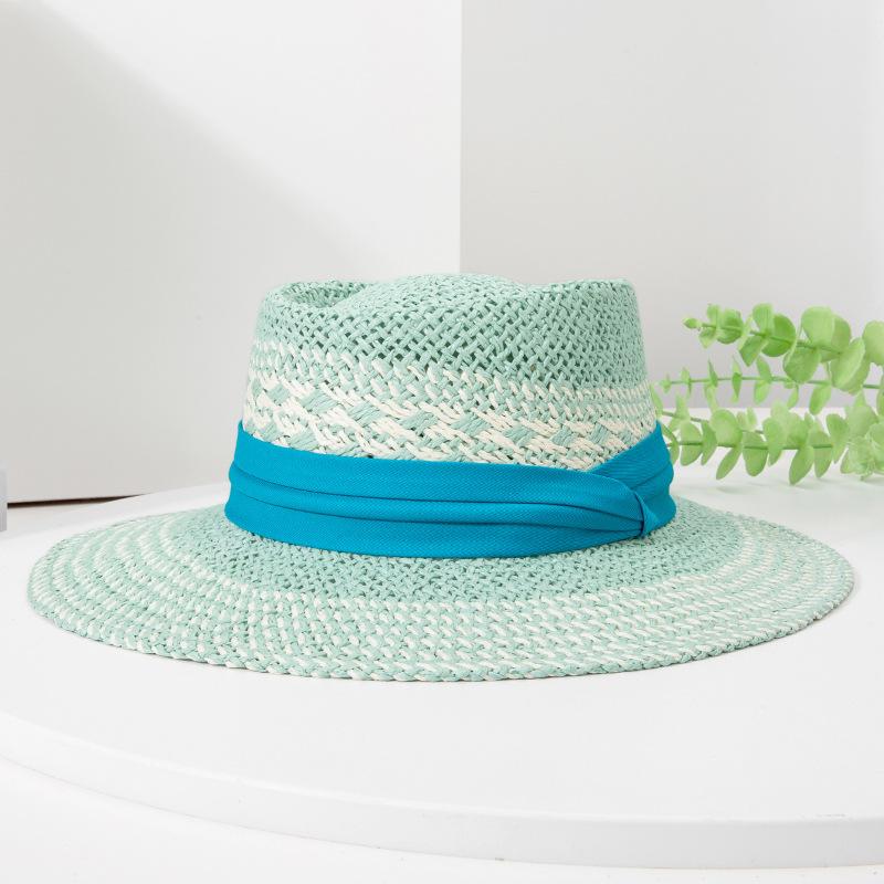 New Spring And Summer British Style Color Matching Hand-Woven Straw Hat Children Travel Vacation Visor Big Edge