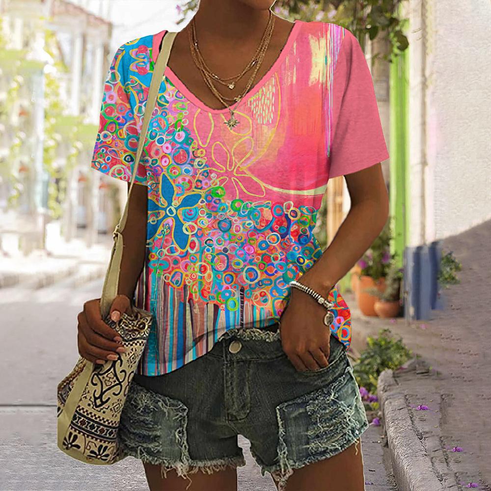 Damski T-shirt Abstrakcyjny Obraz Olejny Nadruk Kwiatowy Retro Oversize Krótki Rękaw Casual Oversize Dekolt w Serek Lato Odzież Damska