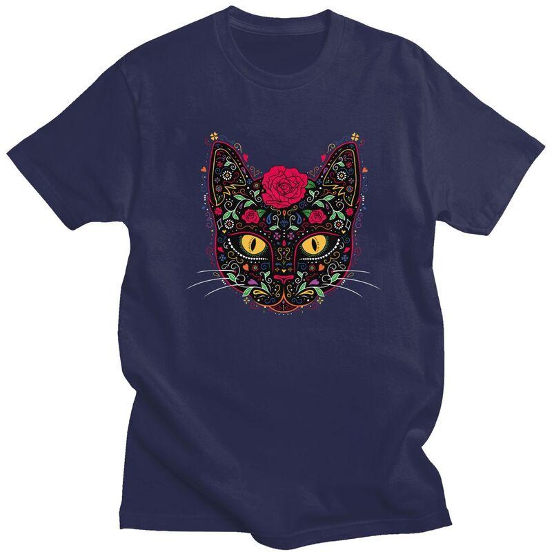 Custom Cool Day Of The Dead Kitten Cat Sugar Skull T Shirt Men Short Sleeve Pure Cotton Tshirt Tees Streetwear Tshirt