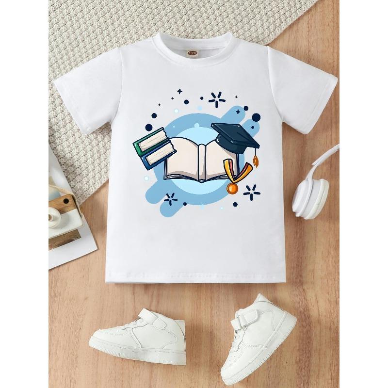 Europäische Größe Mädchen Rundhals Kurzarm T-Shirt mit Abschlusszeit Bachelorhut Musterdruck