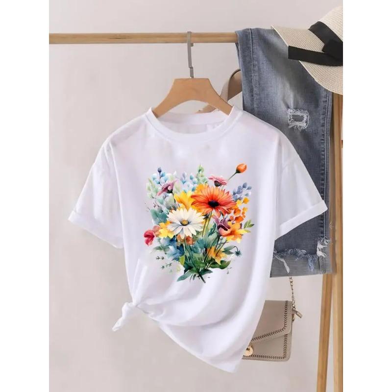 Krótki Rękaw Damski Nadruk Letnia Koszulka Modne Ubrania Koszulki Graficzne Kwiaty Akwarelowe Urocze Ubrania Damska Codzienna Koszulka