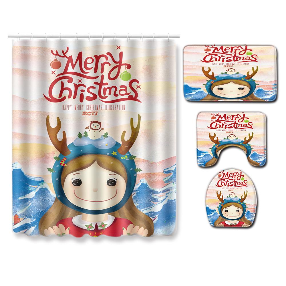 Christmas Shower Curtain Floor Mat Combination Four-Piece Set Bathroom Toilet Carpet Shower Room Mat Foot Mat
