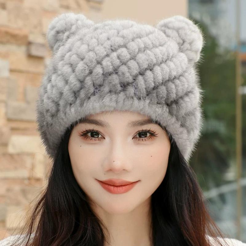 New Mink Hair Hat Warm Woven Wool Fox Hair Ball Cute Mickey Hat Fur Milliner Autumn and Winter