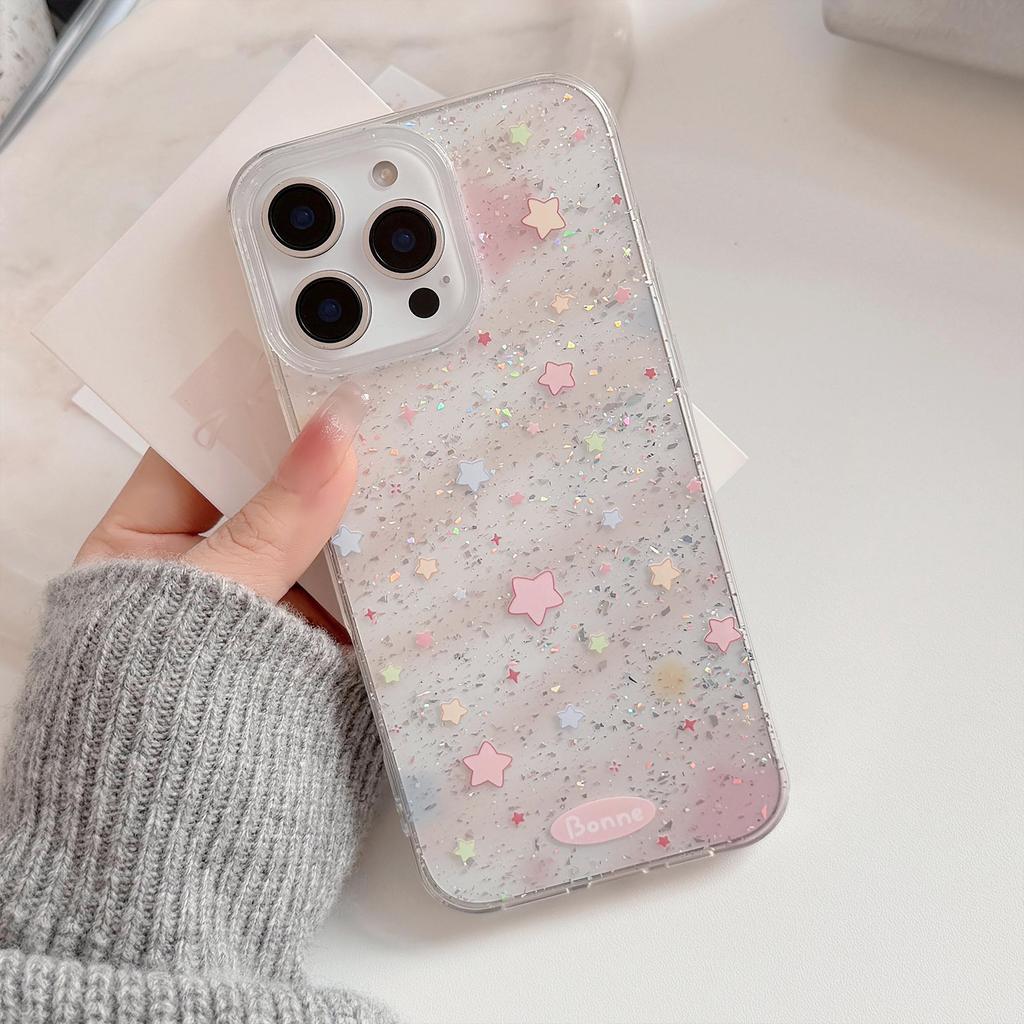 Lovely Colorful Stars Dazzling Fine Glitter Transparent Protective Phone Case for iPhone 11 12 13 14 15 16 17 Pro Max Plus Air