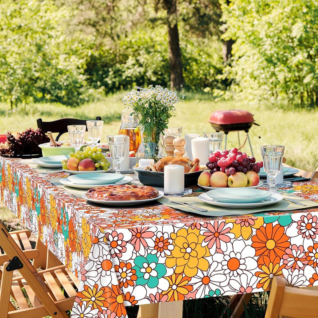 Augisteen 2 PCS Groovy Tablecloth Plastic Boho Daisy Table Covers Daisy Flower Tablecloth Hippie Retro Floral Disposable Tablecloths Waterproof for
