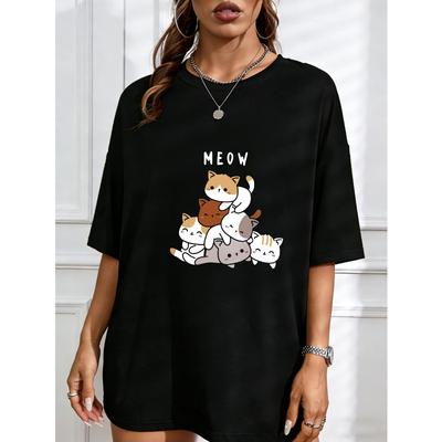 Cute Cat Print T-Shirt White Meow Cats And Paws Design For Casual Wear