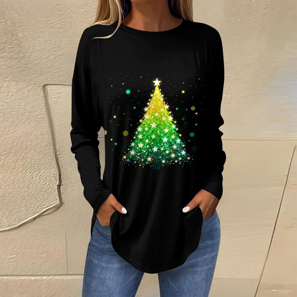 Dames Losse Comfortabele Casual Mode V-Hals Kerstprint Lange Mouw Hoodie