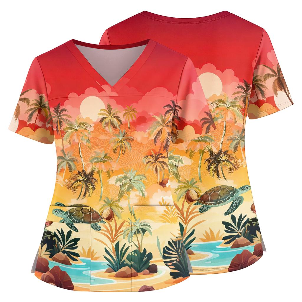 Women's V Neck Medical Scrub Top Hawaiian Print Short Sleeve Side Slit Pockets Nurse Uniform Shirt Lightweight Breathable Fabric