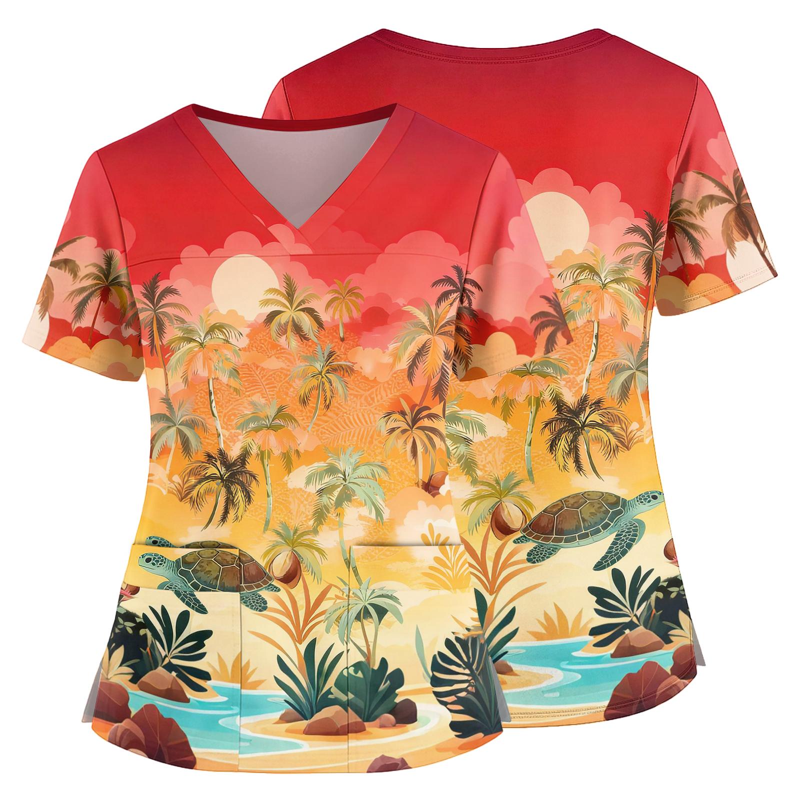 

Women s V Neck Medical Scrub Top Hawaiian Print Short Sleeve Side Slit Pockets Nurse Uniform Shirt Lightweight Breathable Fabric M