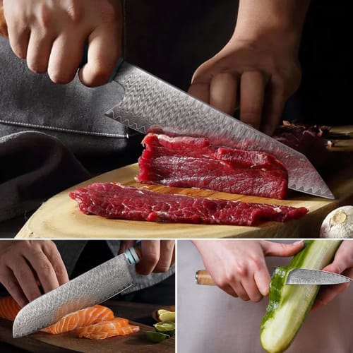 KyushuBlade 3-Piece Damascus Knife Set (Santoku Knife, Gyuto Knife, and Petty Knife) Professional Damascus Knife Set. This versatile kitchen knife set