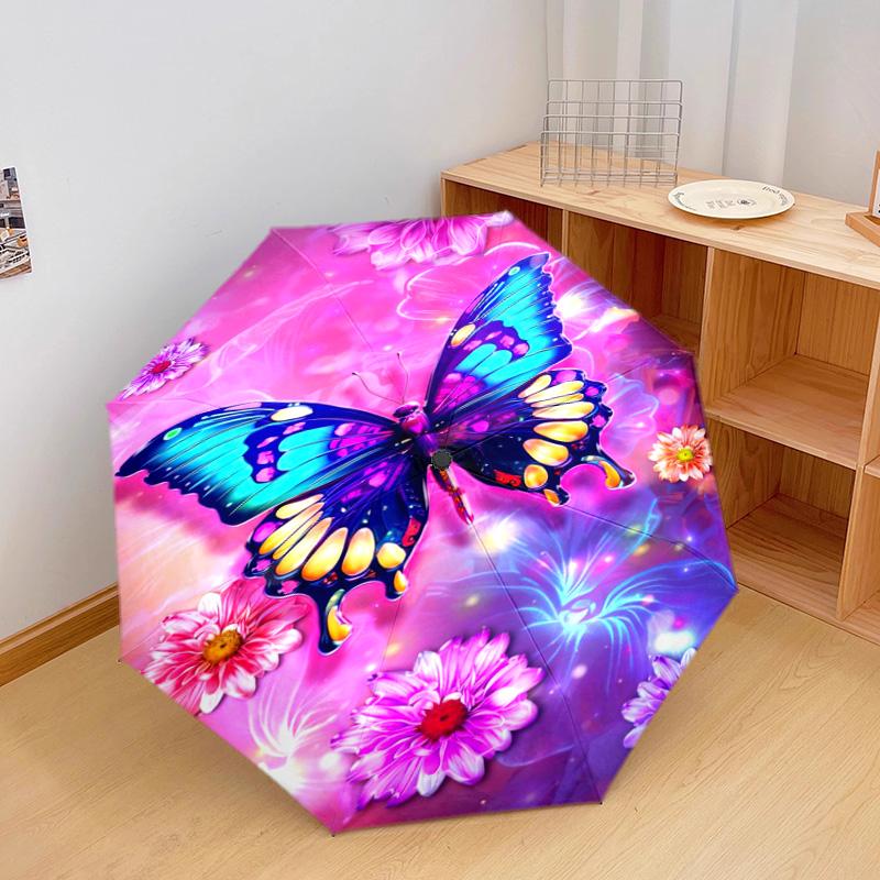 1pc Ladybugs, Butterflies Pattern Umbrella Portable Folding Umbrella Iron Frame Hole Bone Structure Outdoor Home Umbrella