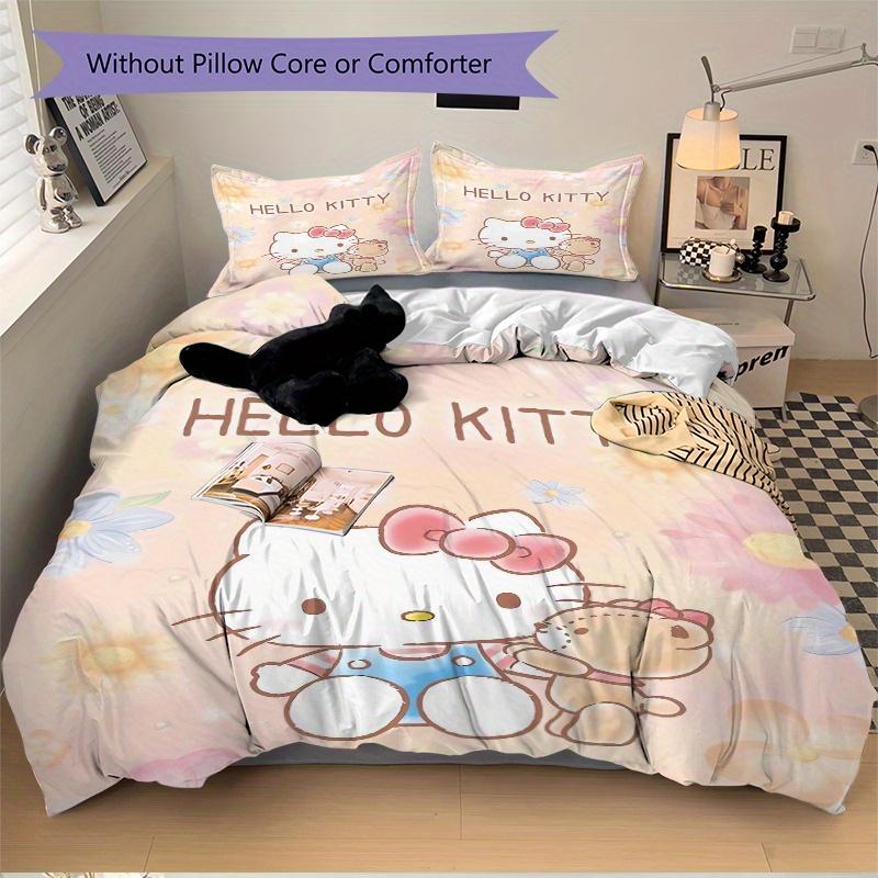 3pcs Little Bear and Hello Kitty Printed Quilt Set - Soft and Comfortable Quilt Cover for Bedroom, Guest Room and Dormitory Decorative Beddi