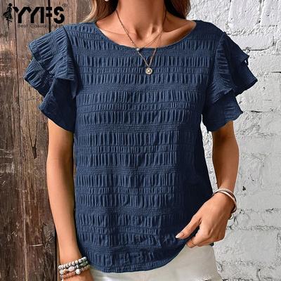 Women's Fashion Casual Summer Spring Solid Color Print Short Sleeve O-Neck Blouses & Shirts