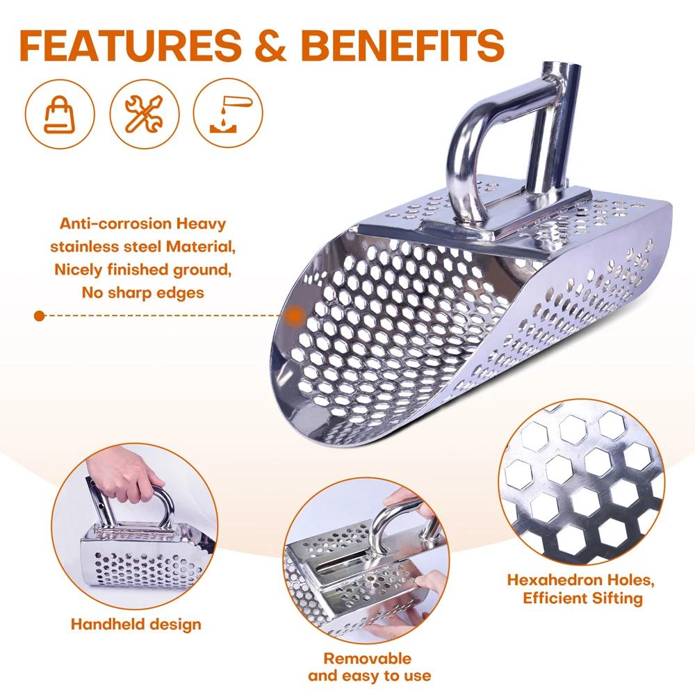 Heavy-Duty Stainless Steel Metal Detecting Shovel with Hexagonal Drainage Holes Ergonomic Non-Slip Handle for Efficient Beach