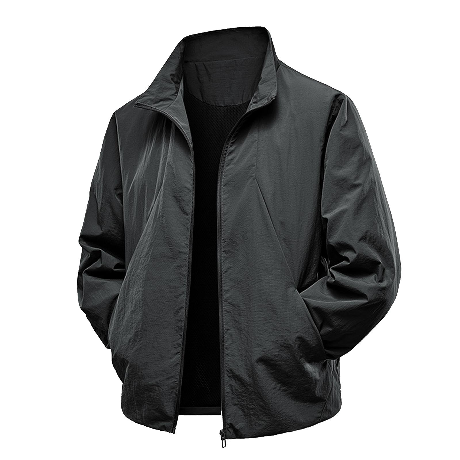 

Мужская повседневная свободная тонкая куртка со стойкой, мужское водонепроницаемое и ветрозащитное пальто на молнии однотонное L чёрный