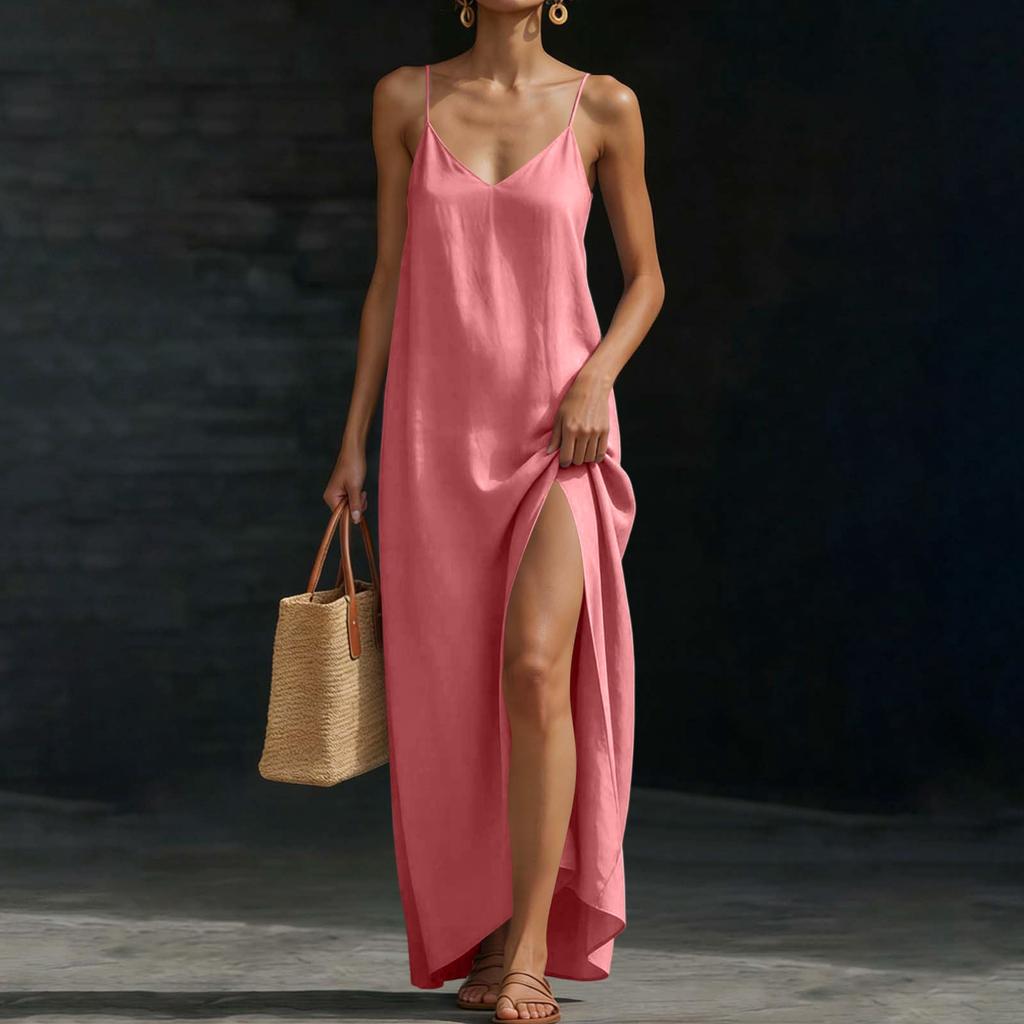 Women’s Sleeveless Maxi Dress with Adjustable Spaghetti Straps and Side Slit Relaxed Fit Long Sundress for Summer Beachwear