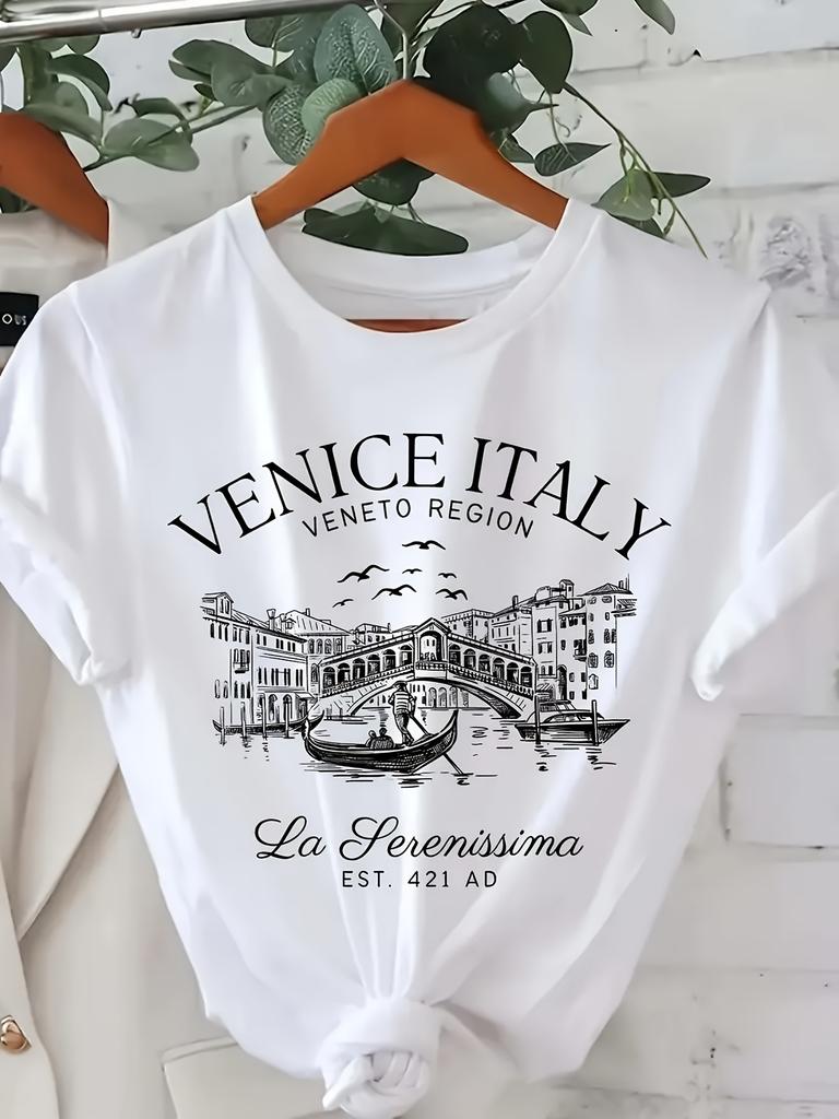 Venice Italy Graphic T-Shirt - Casual Short Sleeve Polyester Knit Fabric with Round Neck - Cartoon Print Venice Italy Region Tee