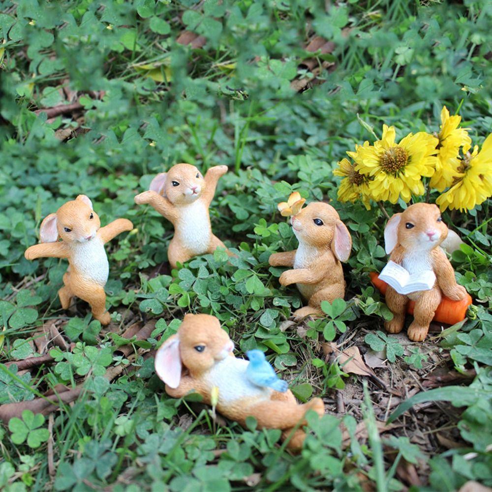 

5pcs Cartoon Bunny Statue Resin Animal Sculpture Crafts Rabbit Model Courtyard 5 Pcs