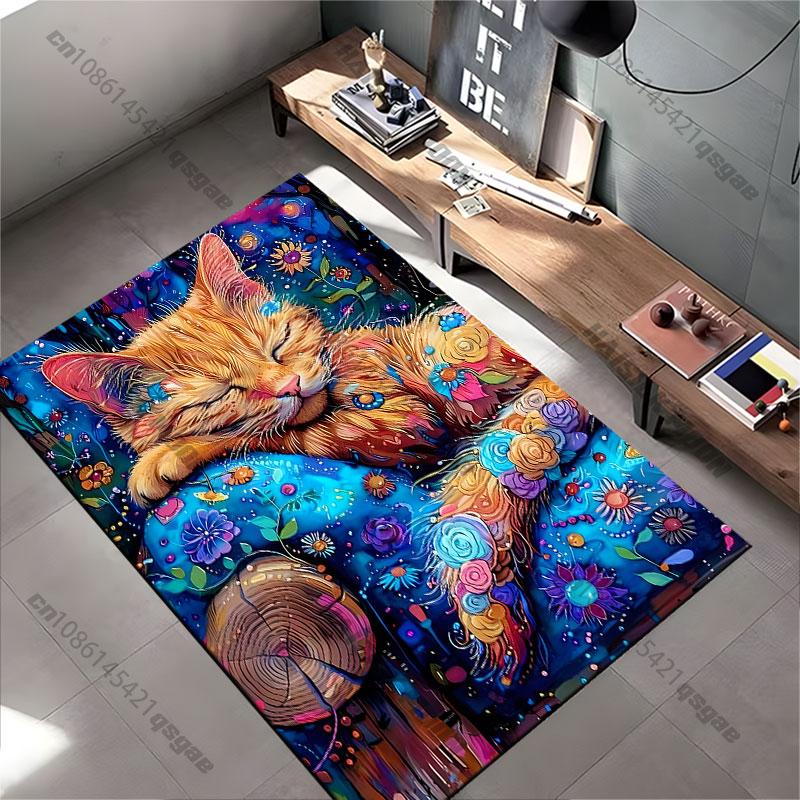 Colorful peaceful cat surrounded flowers carpet Yoga living room room decor children's crawling mat doormat area rug