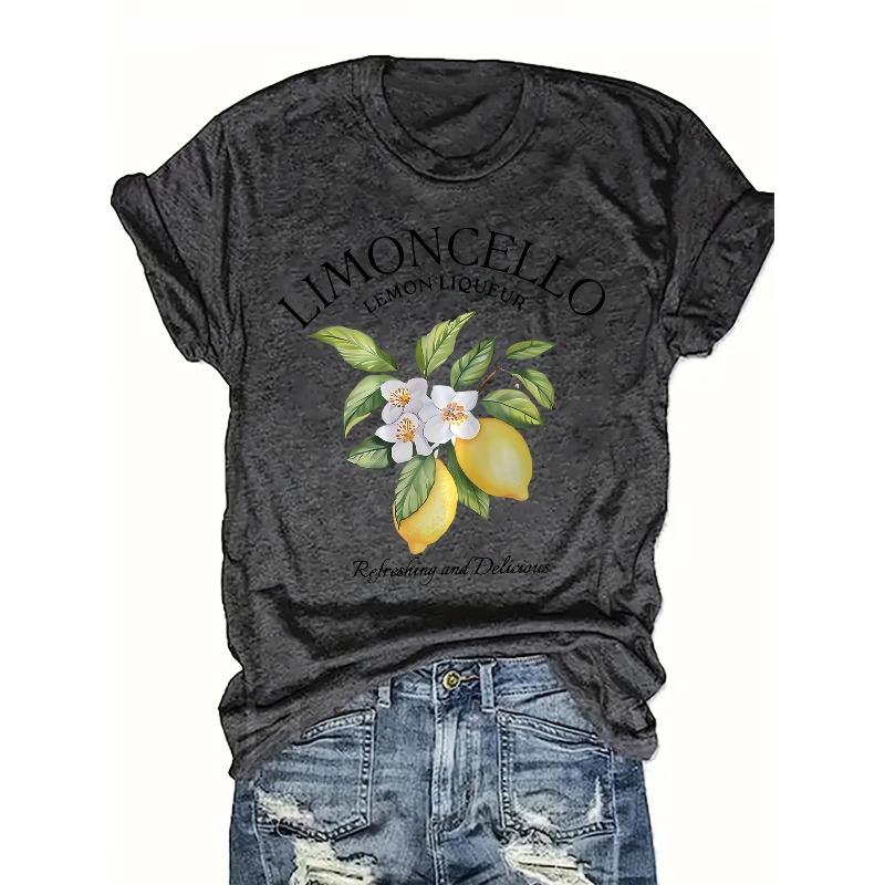 

Womens Limoncello Lemon Floral Print Tee Refresh & Delight Graphic Round Neck Short Sleeve Medium Stretch Machine Washable Summer Casual Daily Wear 4XL