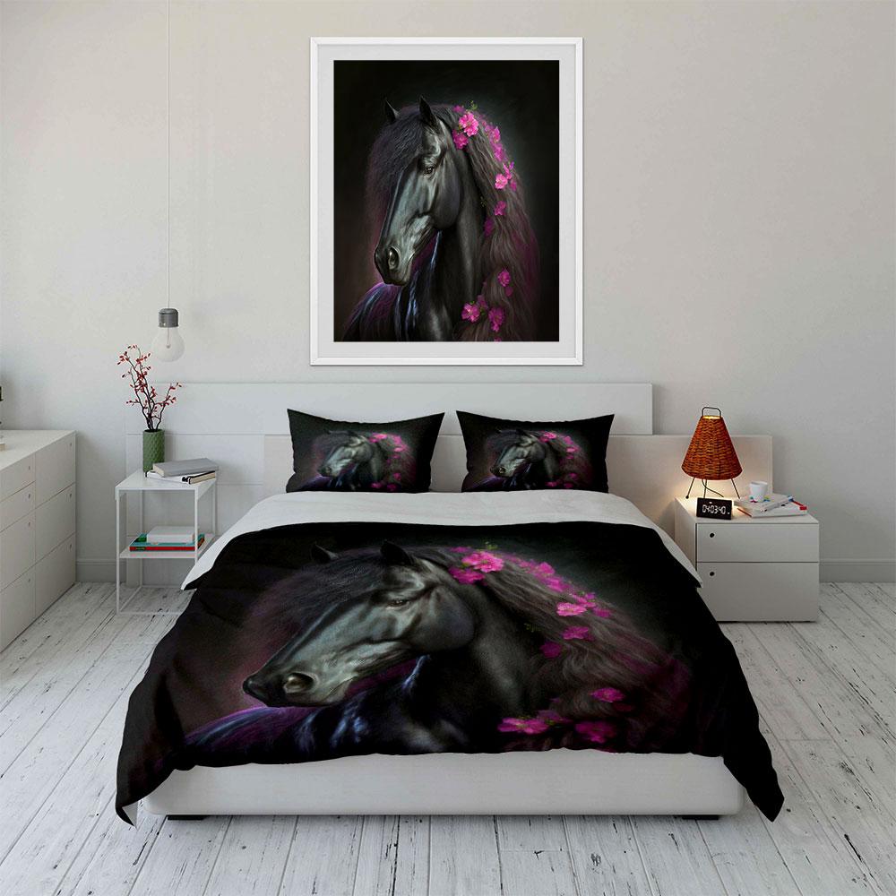3Pcs Black Horse with Pink Flowers Bedding Set, Equestrian Fantasy Print Duvet Cover + 2 Pillowcases, Romantic Decor