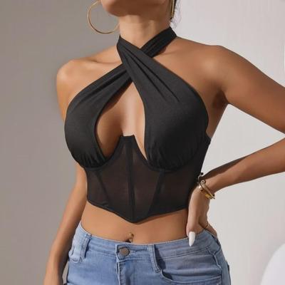 Cross-Border Mesh Lace-Up Halter Neck Backless Vest with Fishbone Support