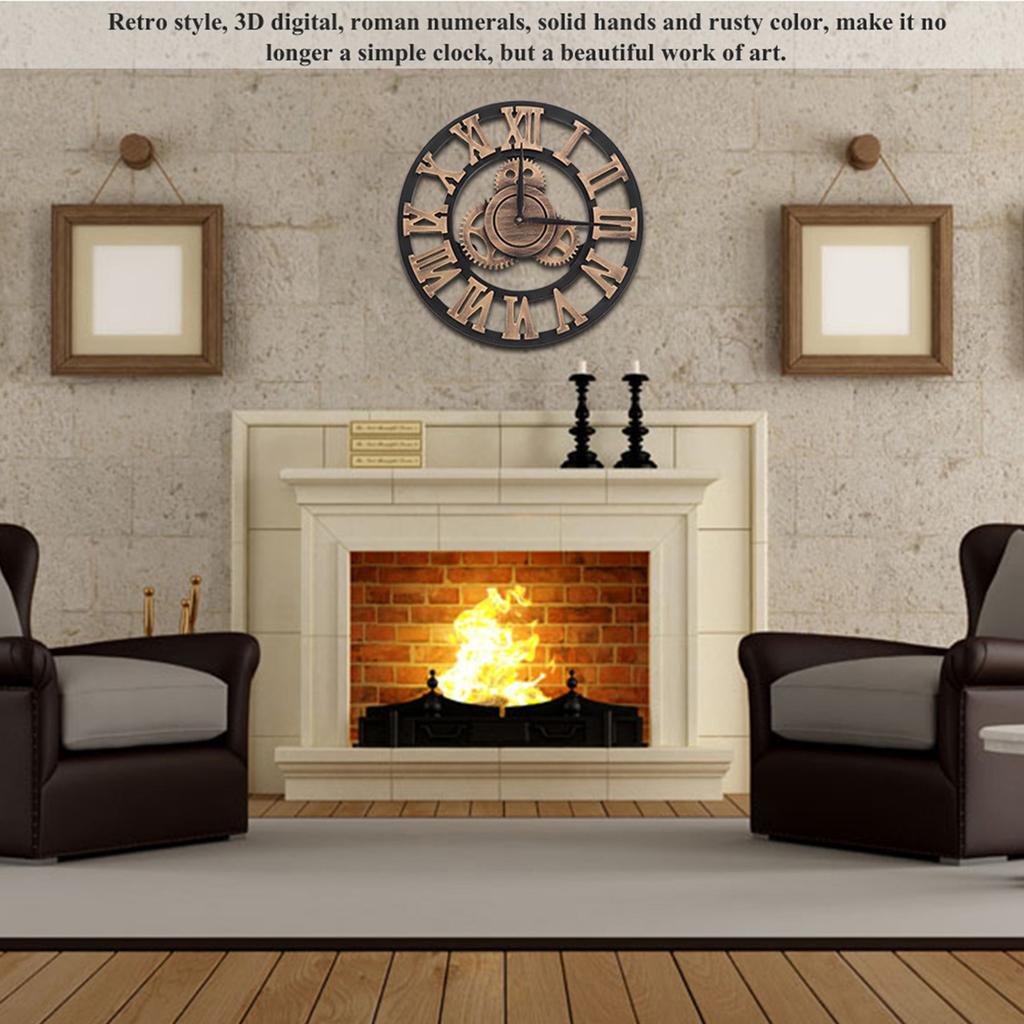 3D Rustic Handmade Wall Clock Gear Wooden Vintage Decor for Living Room Office Bar 30cm Gold