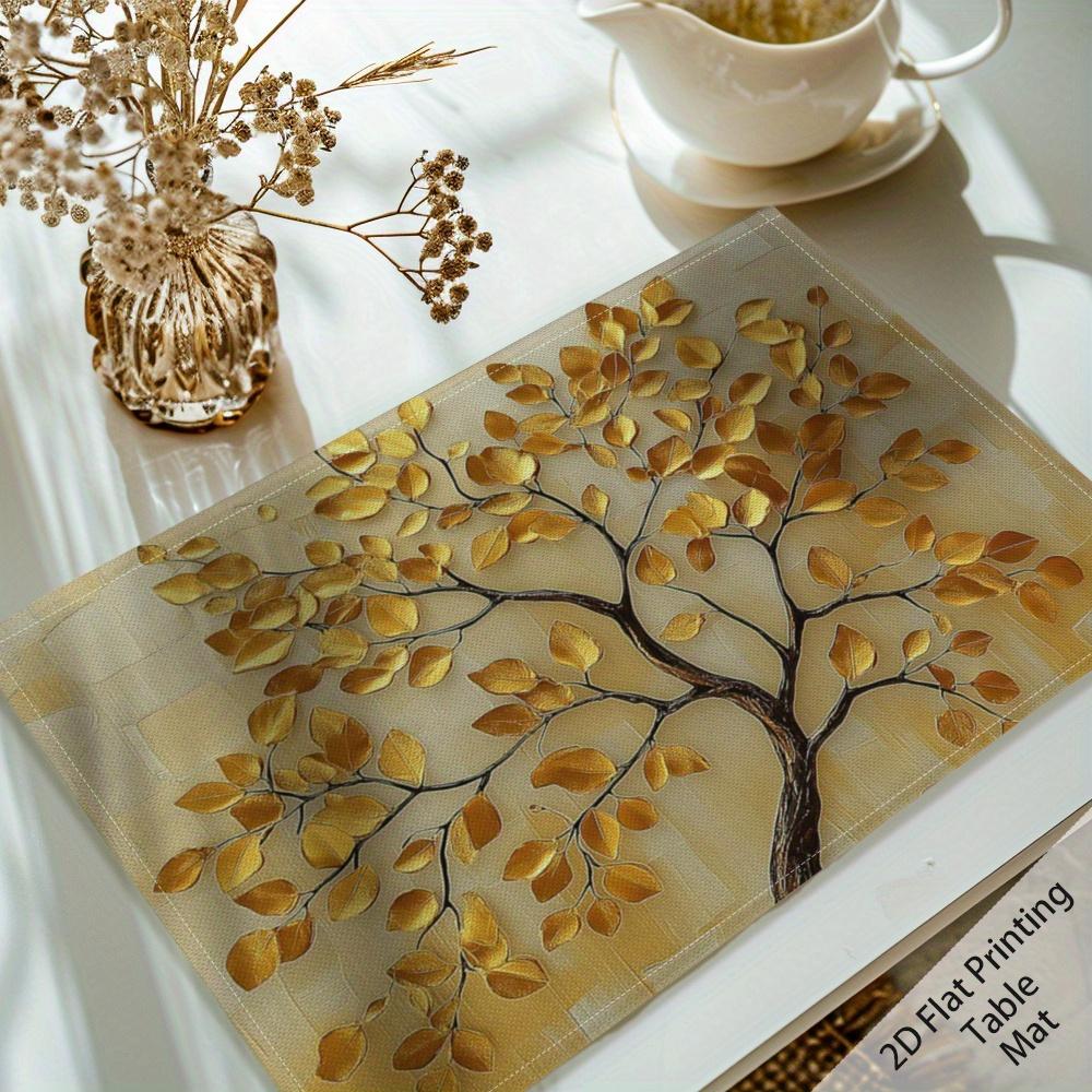 Golden Leaves Print Placemat  Tablecloth Decor For Kitchen  Non-Slip & Washable  New Year To Attract Wealth.  Dining Room