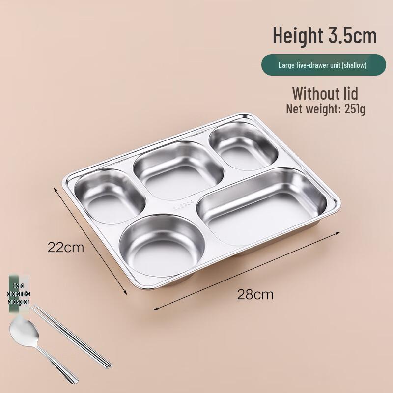 Food Grade 304 Stainless Steel Adult 5-Compartment Meal Tray