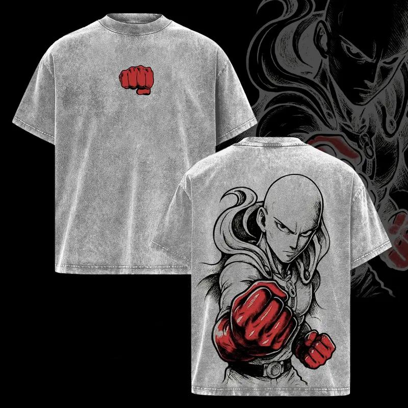 

Saitama Print T-shirt One Punch Man Anime Clothing Men Short Sleeve Cotton Tshirts Vintage Washed Tee Harajuku Oversized T Shirt XXL серый